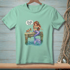 Mermaid on a dock tells a crab, "Put that anywhere else."