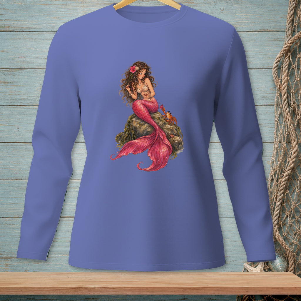 Long sleeve shirt with a purple hue featuring a mermaid and crab graphic.