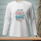 White long-sleeve shirt with text "I'm not bossy, I'm buoyant" and mermaid tail graphic.