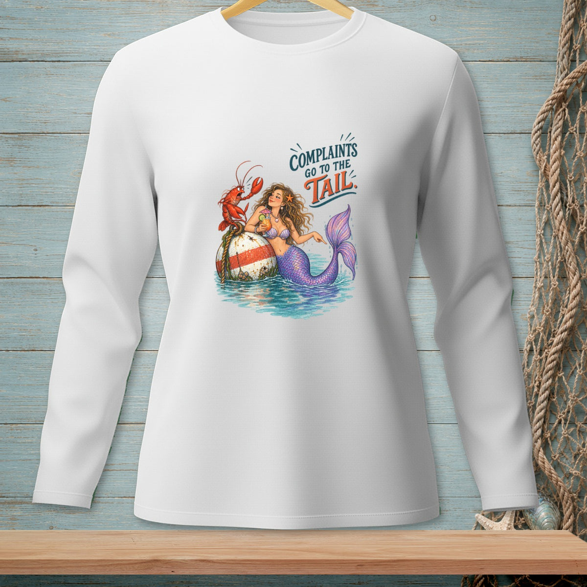 Mermaid and lobster with text "Complaints go to the tail".