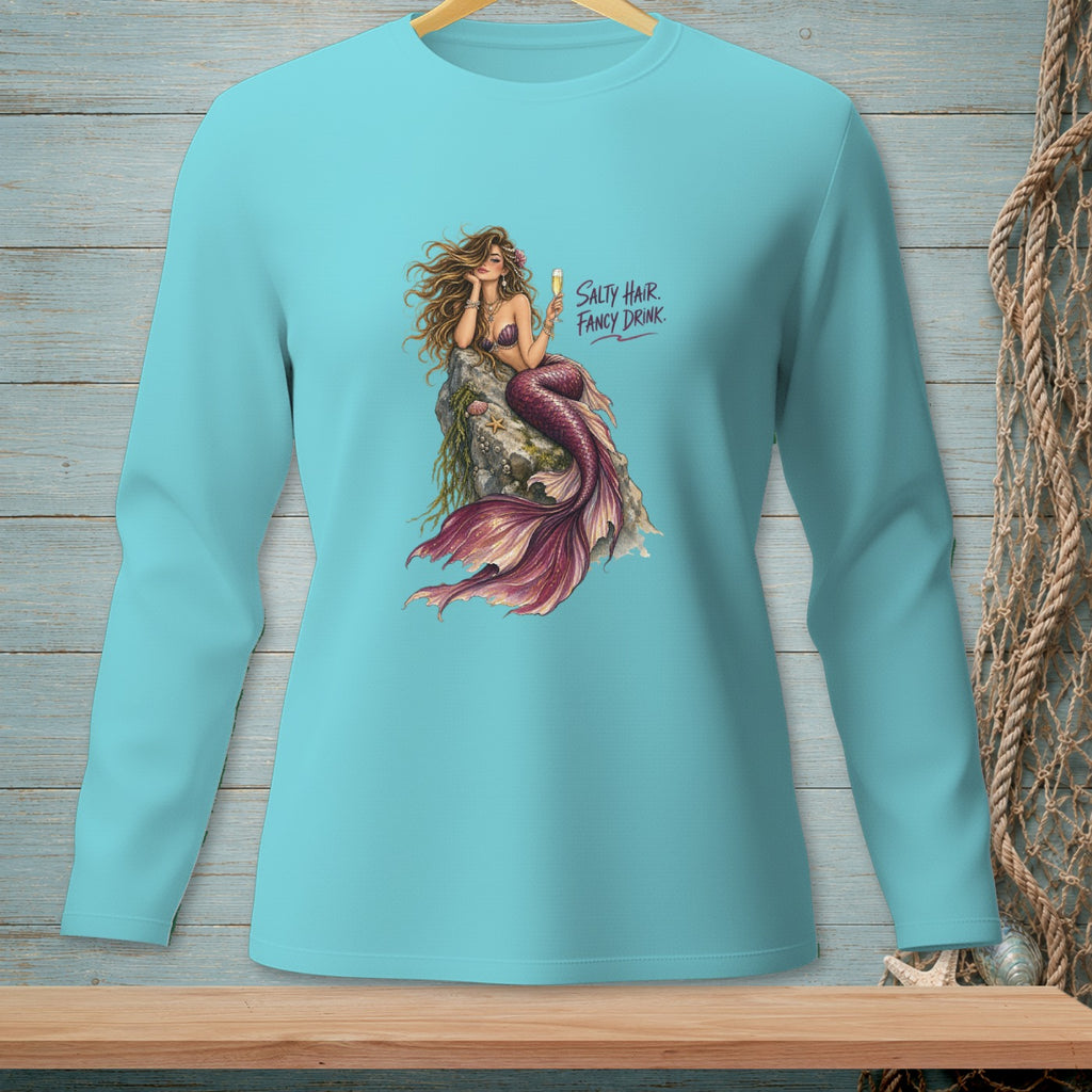 Long-sleeve shirt featuring a mermaid with text that reads "Salty Hair. Fancy Drink."
