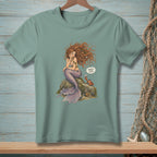 Mermaid sitting on a rock with a crab and a speech bubble that says "That's Cute."