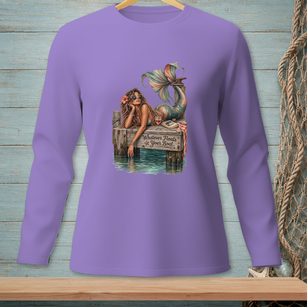 Purple long-sleeve shirt with a mermaid graphic reading "Whatever Floats Your Boat."