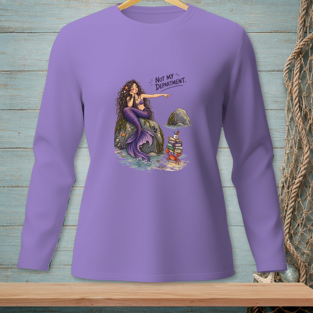 Mermaid sitting on a rock pointing to books on a crab, text "Not My Department."