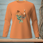Mermaid with octopus and lighthouse drinking cocktails, on an orange long-sleeve shirt.