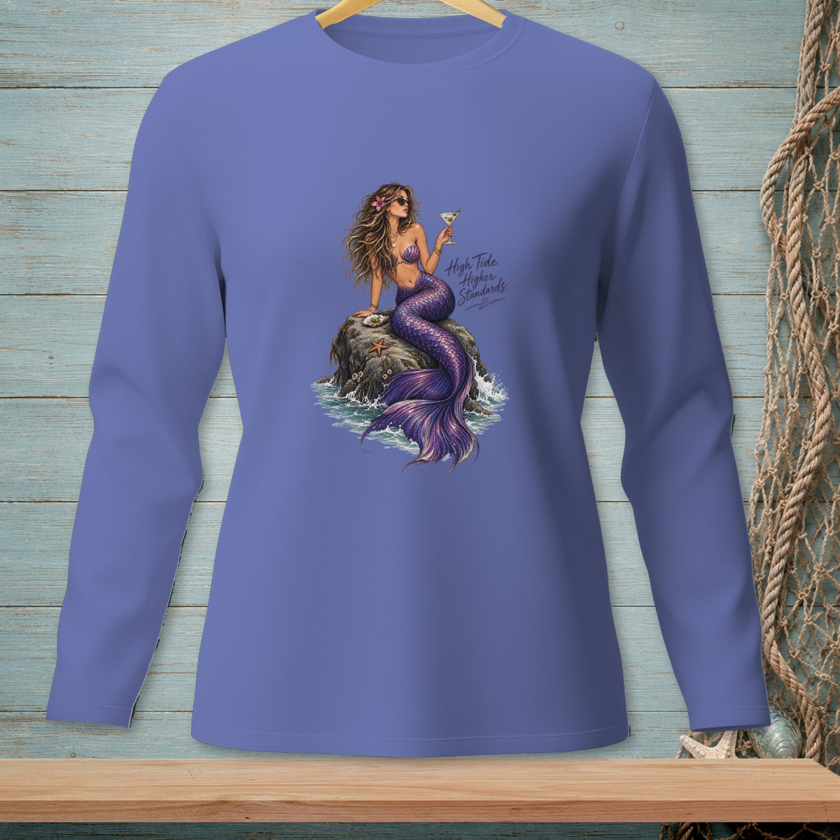 Mermaid with purple tail and cocktail, "High Tide Higher Standards" text.