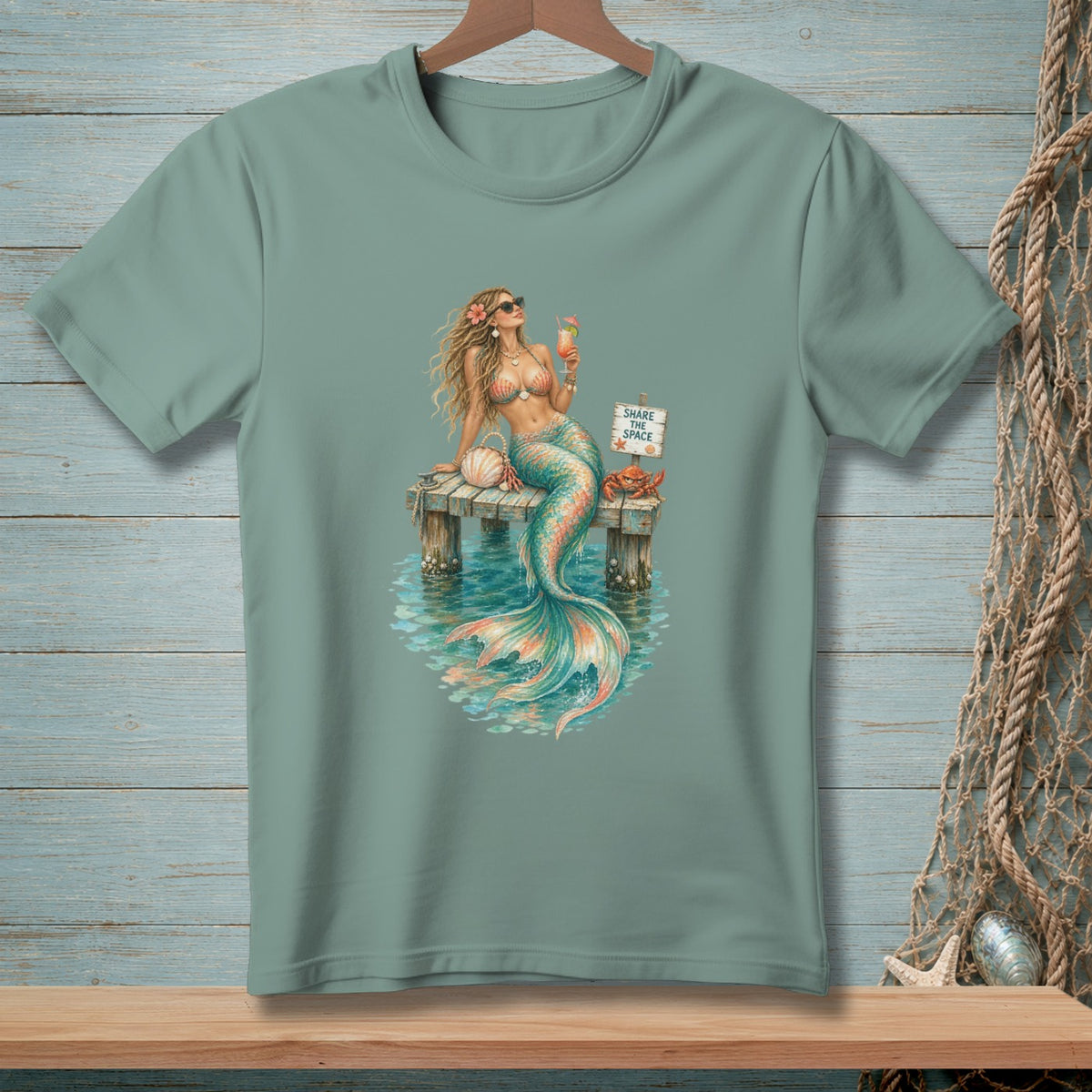T-shirt with mermaid on dock, holding cocktail, with "SHARE THE SPACE" sign.