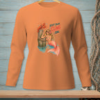 Orange long sleeve shirt with mermaid and lobster graphic saying "Keep Your Claws On".