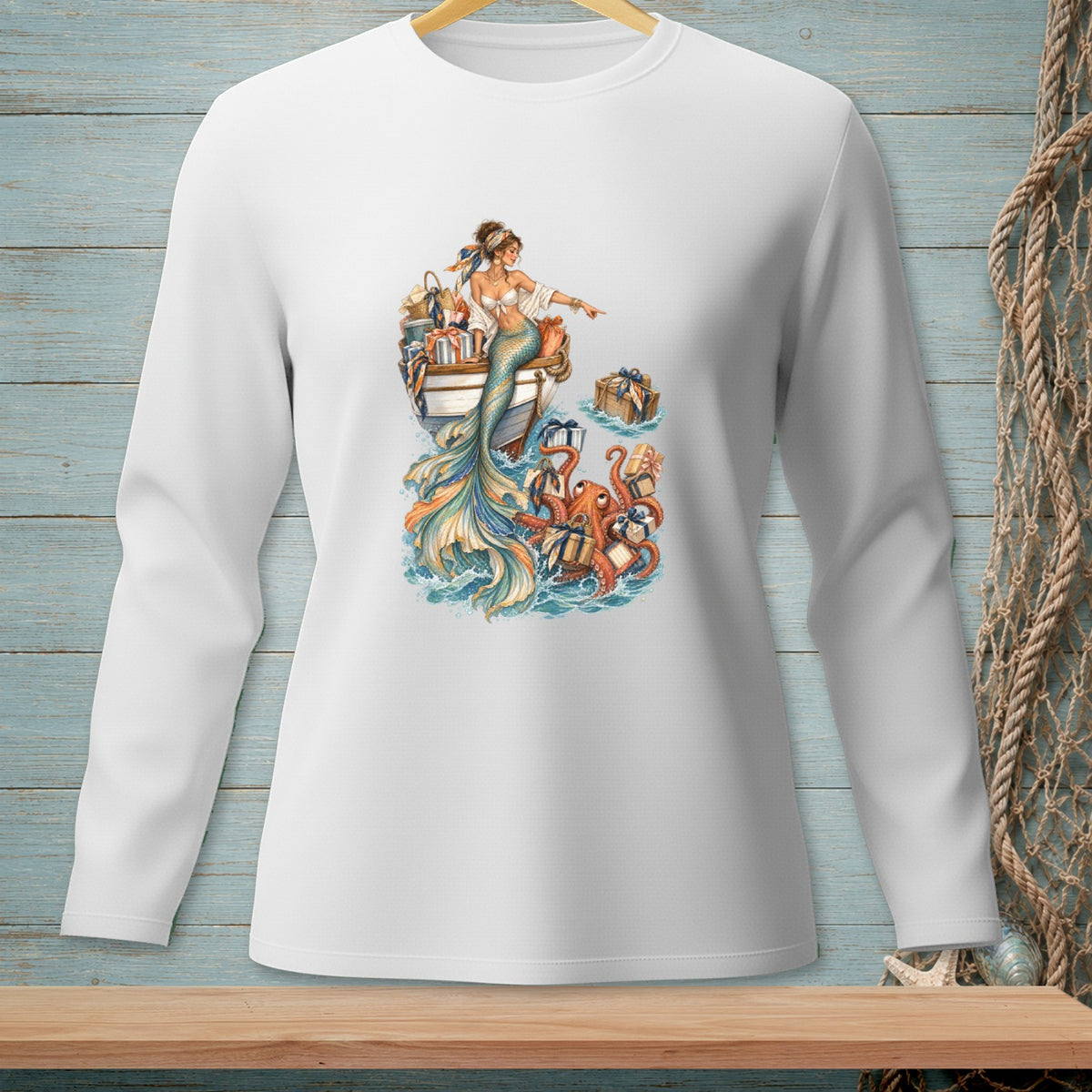 Mermaid on a boat with gifts surrounded by octopuses and waves.
