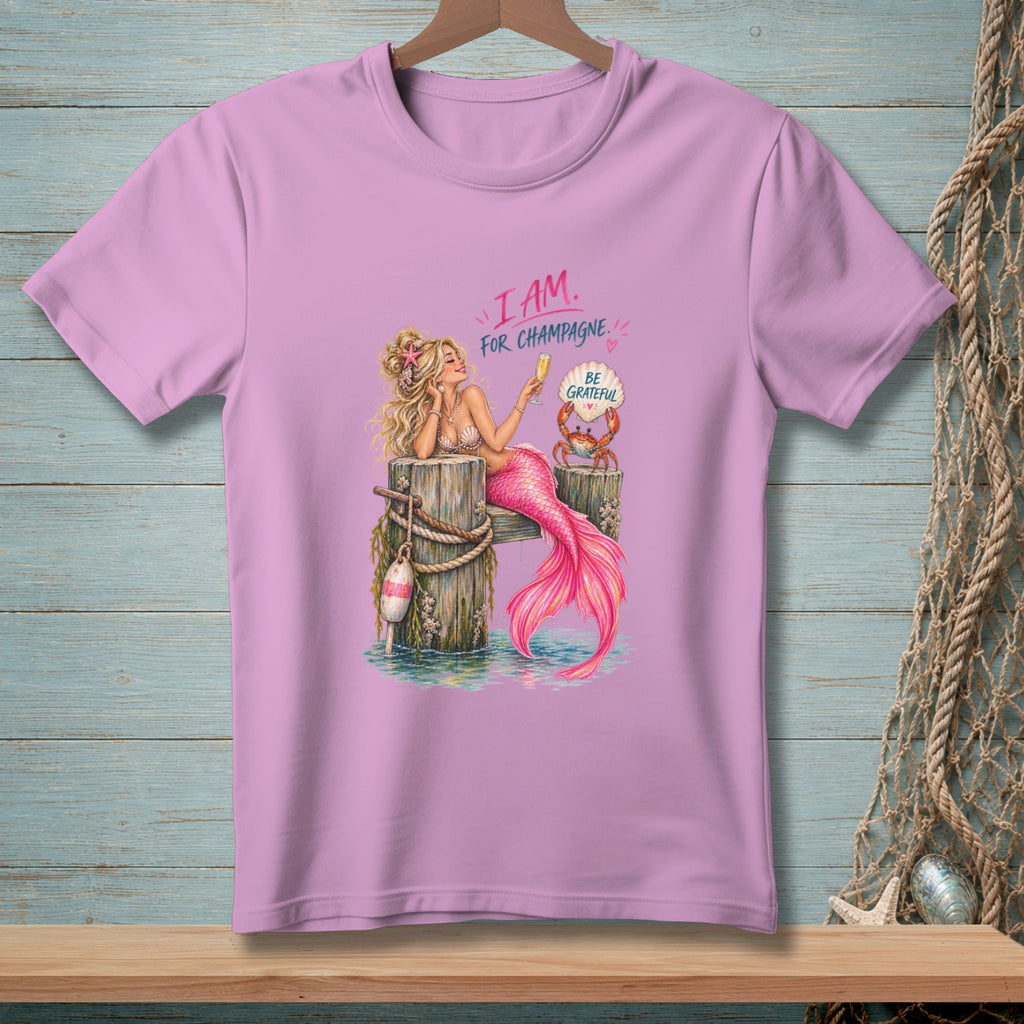 Mermaid with champagne and crab saying "Be Grateful" and "I Am For Champagne."