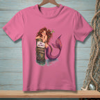 Pink t-shirt with a mermaid leaning on a post with a "No Vacancy" sign.