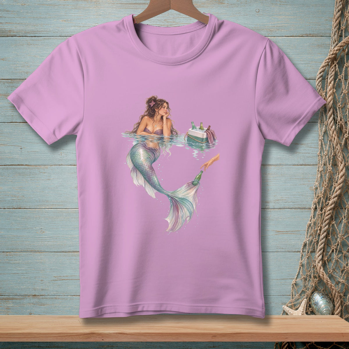 Mermaid in water with a cooler of bottles and a hand reaching for a bottle.