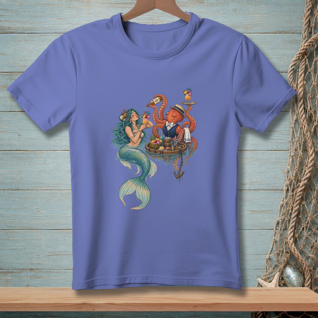 Mermaid drinks cocktail served by octopus bartender wearing a vest and hat.