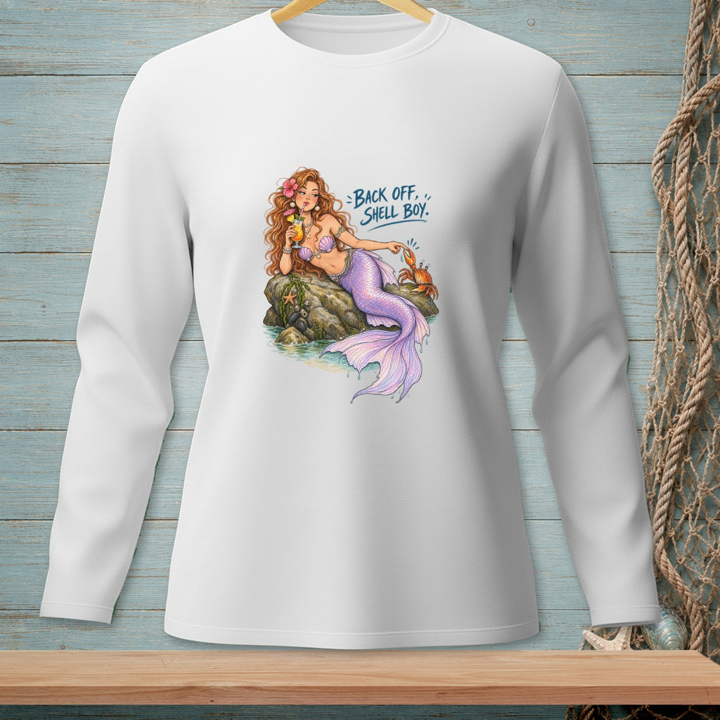 Mermaid with purple tail drinks a cocktail and says "Back Off, Shell Boy."