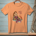 Mermaid with lobster and starfish on rocks, text "DON'T STOP NOW."