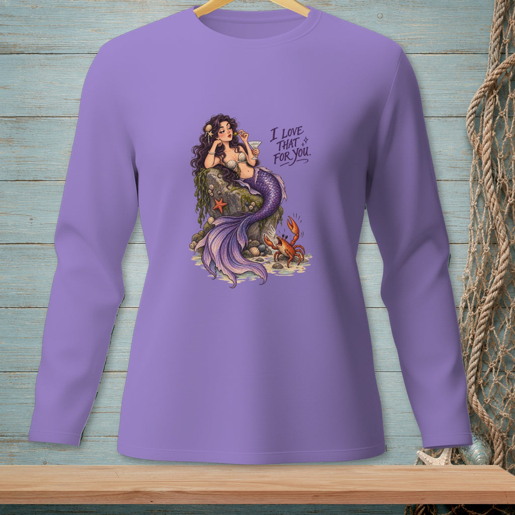 Purple long-sleeved shirt with a mermaid, crab, and "I Love That For You" text.