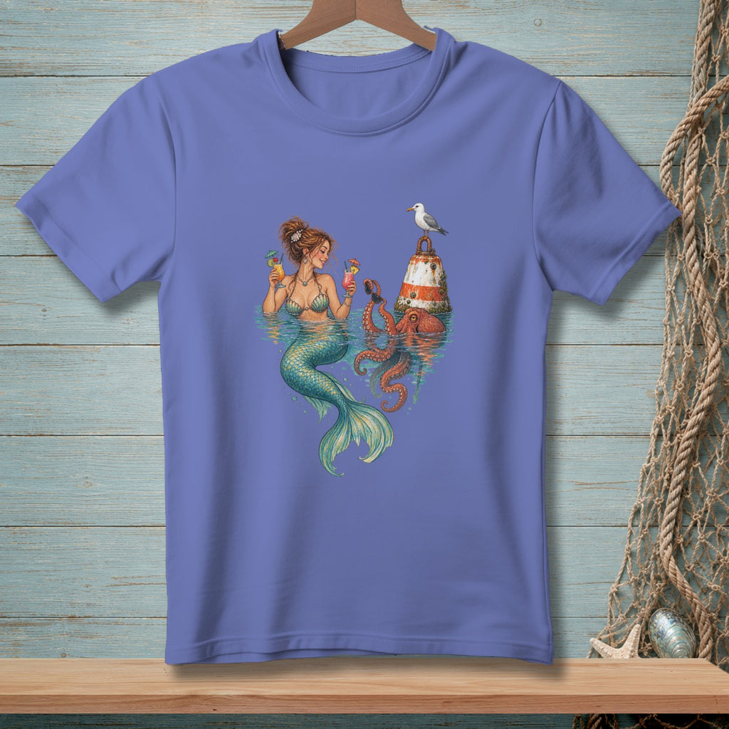 Mermaid holding cocktails with octopus and seagull by a bell buoy.