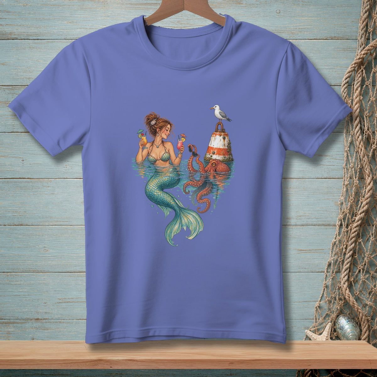 Mermaid holding cocktails with octopus and seagull by a bell buoy.