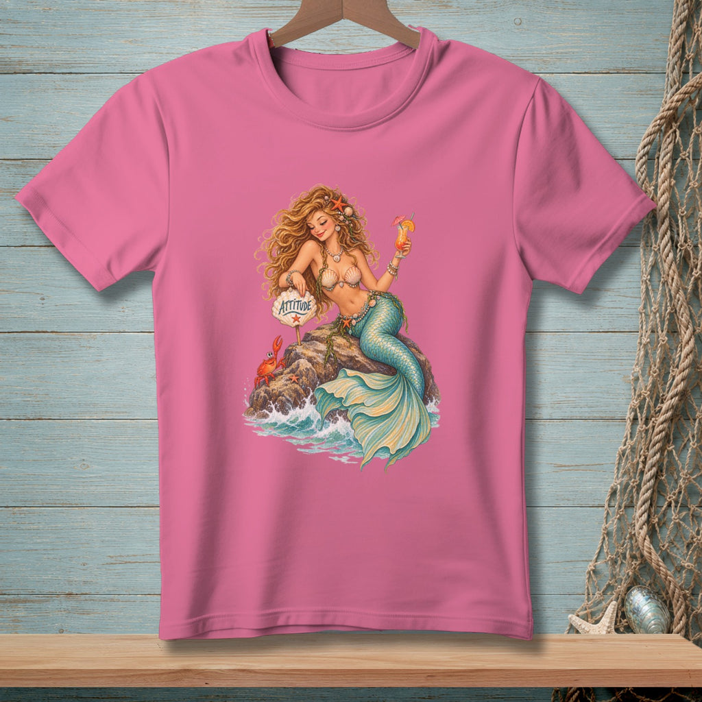 Pink t-shirt with a graphic of a mermaid with drink and sign reading "ATTITUDE".
