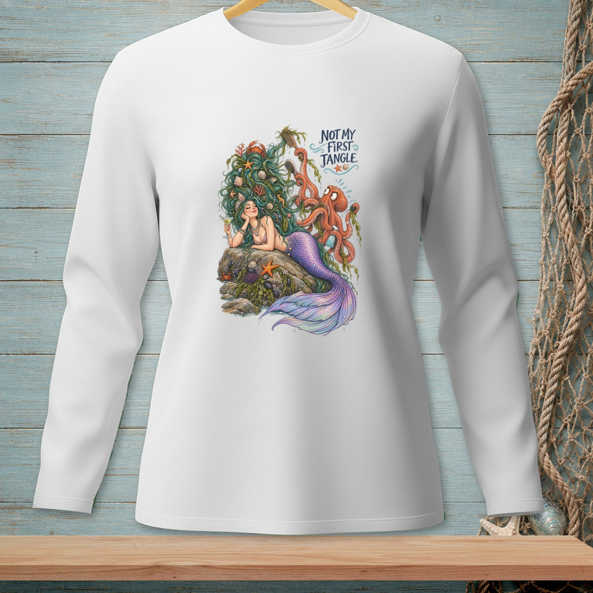 Mermaid with octopus and text "Not My First Jangle" on a white shirt.