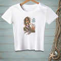 White t-shirt with a mermaid, octopus, and text "The Salt Stays."