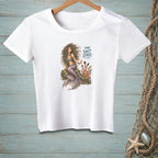 White t-shirt with a mermaid, octopus, and text "The Salt Stays."