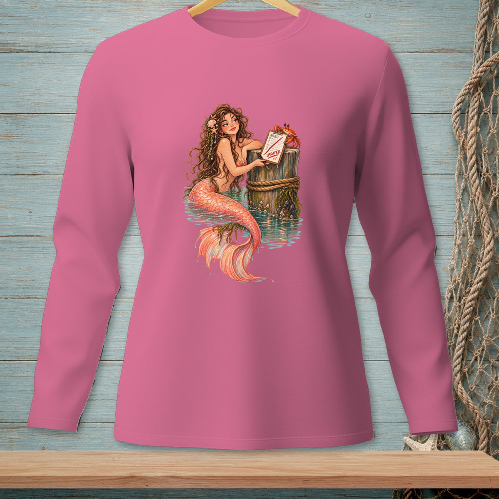 Mermaid with crab on post holding updated rules sign.