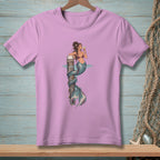Pink t-shirt with illustration of a mermaid drinking from a glass.