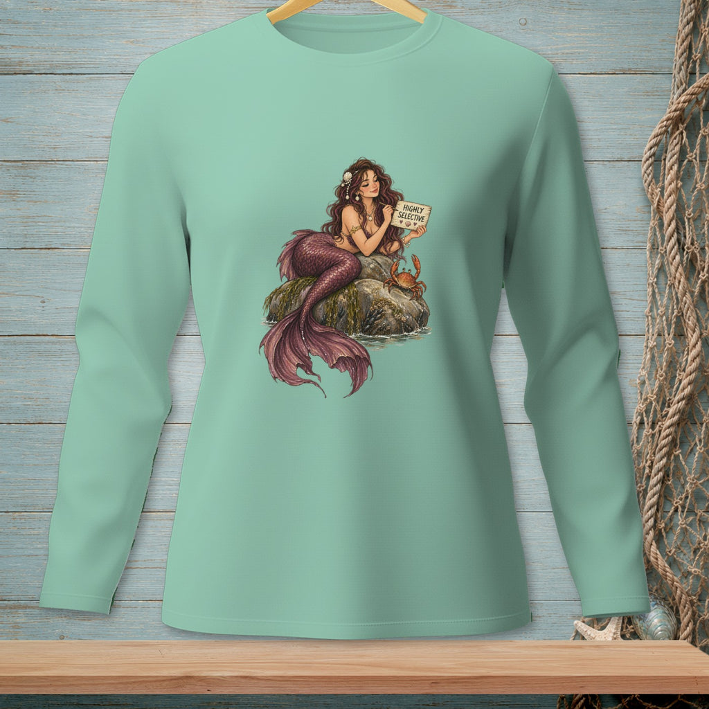 Mermaid on rock with crab, holding sign "HIGHLY SELECTIVE".