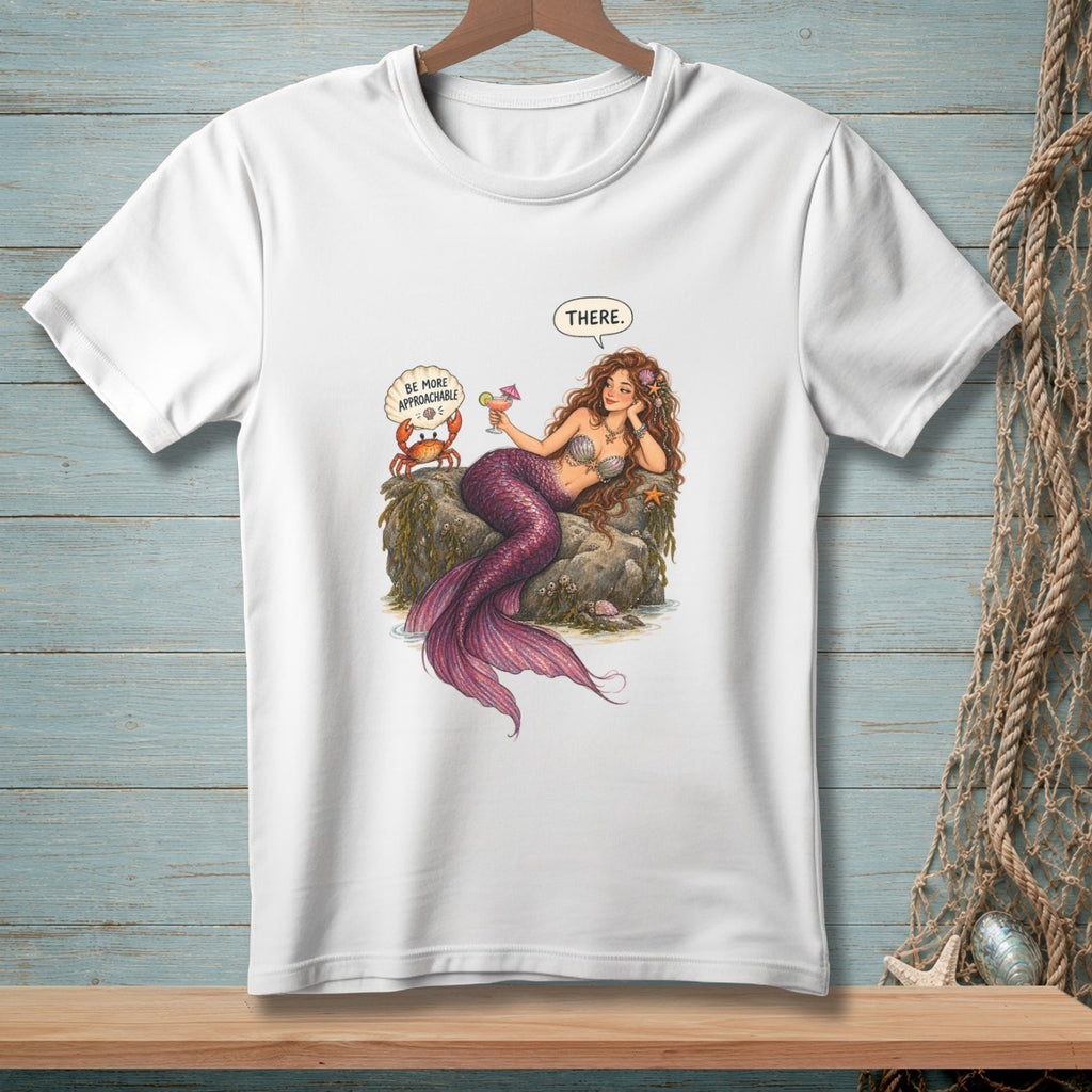 Mermaid with drink and crab with "Be More Approachable" speech bubble.