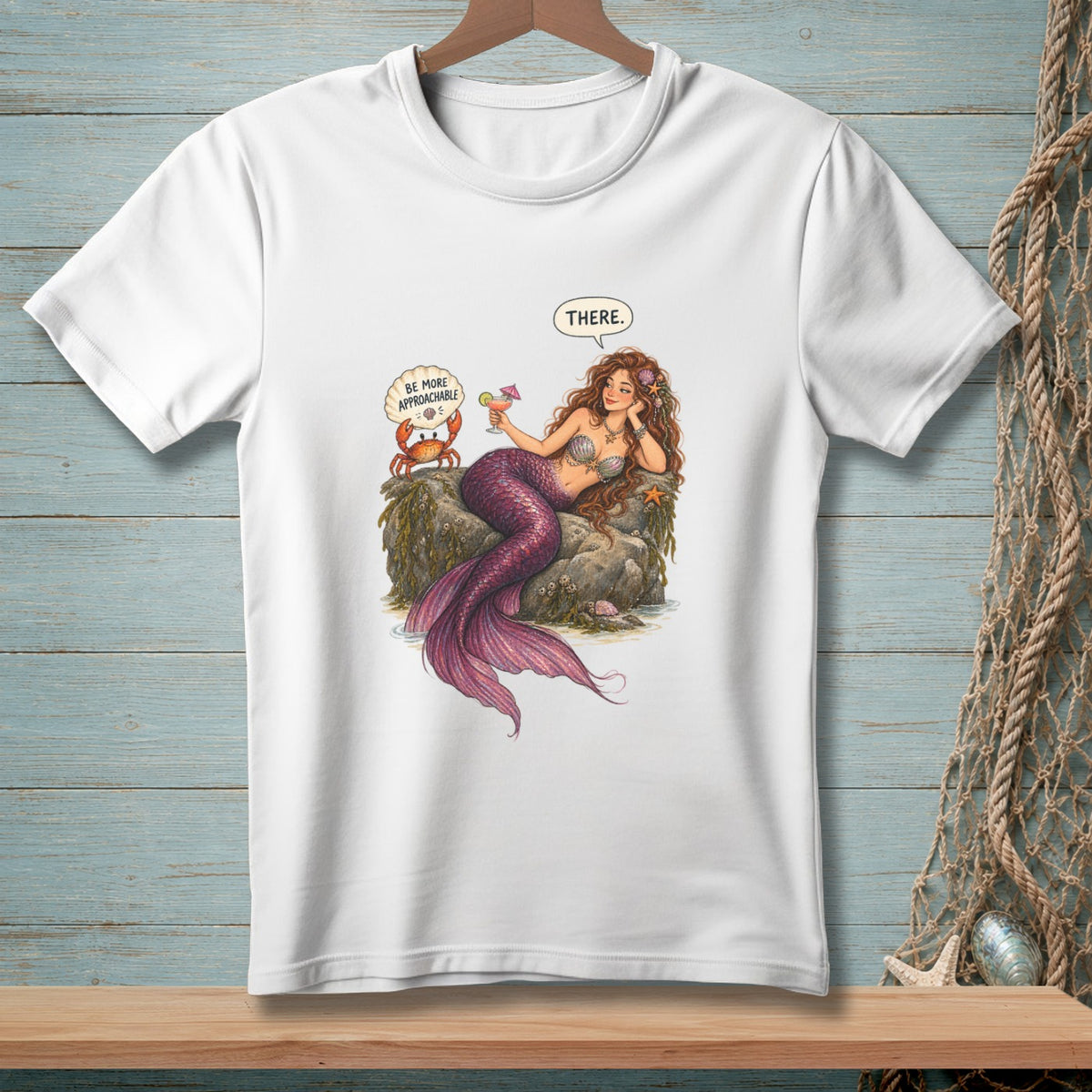 Mermaid with drink and crab with "Be More Approachable" speech bubble.