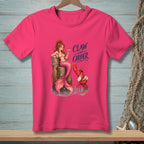 Mermaid and lobster on wooden post with text "Claw and Order"