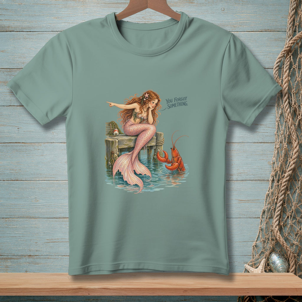 Mermaid on a dock points to a lobster with text "You forgot something."
