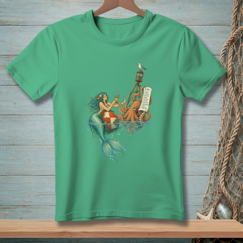 Mermaid and octopus with a to-do list on a buoy.