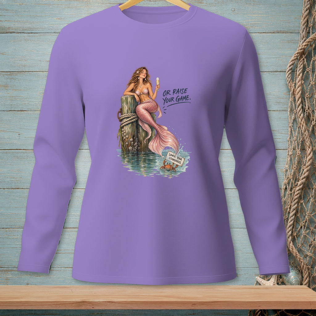 Mermaid with drink, text "OR RAISE YOUR GAME.", crab with sign "LOWER YOUR STANDARDS.".