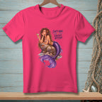 Pink t-shirt with mermaid illustration and text "Salty Hair. Saltier Attitude."