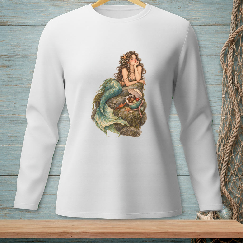 White long-sleeve shirt with a mermaid illustration on the chest.