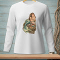 White long-sleeve shirt with a mermaid illustration on the chest.
