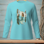 Mermaid hanging laundry on a clothesline in the ocean with a seagull.