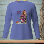 Purple long-sleeve shirt with a mermaid sitting on a rock talking to a crab.