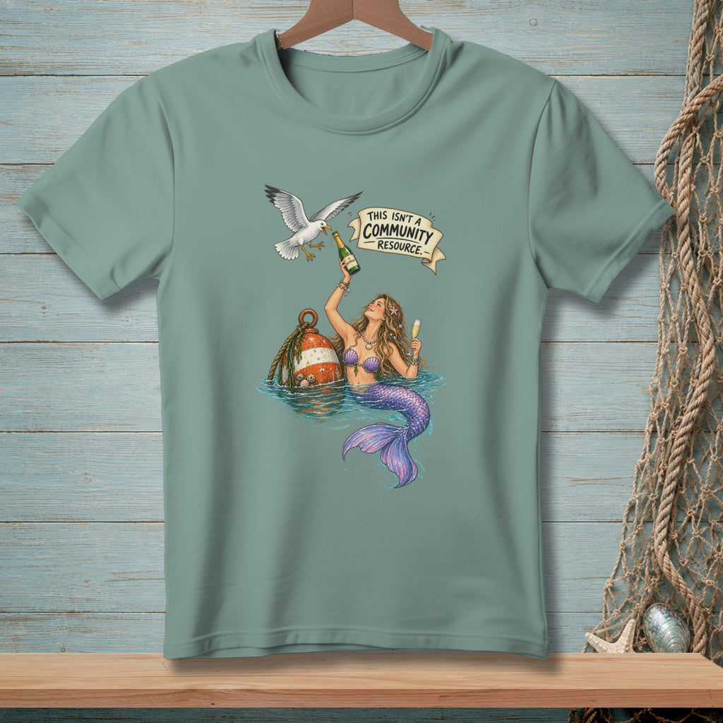 Mermaid with champagne, seagull, and buoy with text "This isn't a community resource."