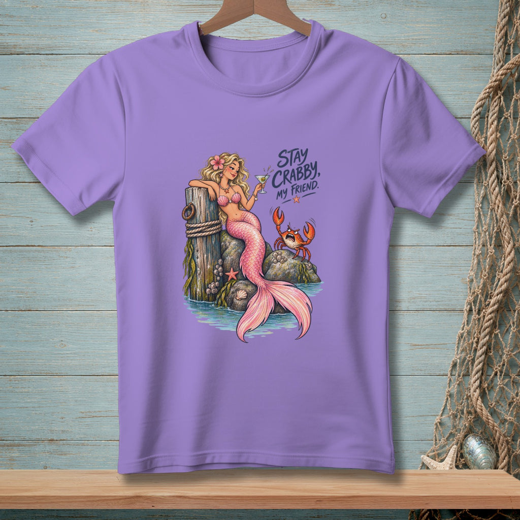 Purple t-shirt with cartoon mermaid and crab, reads "Stay Crabby, My Friend."