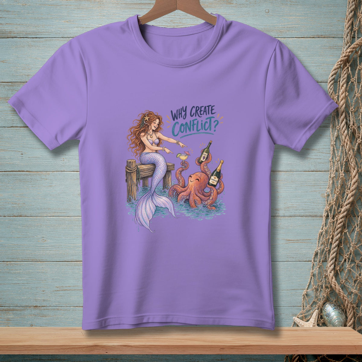 Mermaid points at octopus holding champagne bottles with text "Why Create Conflict?".