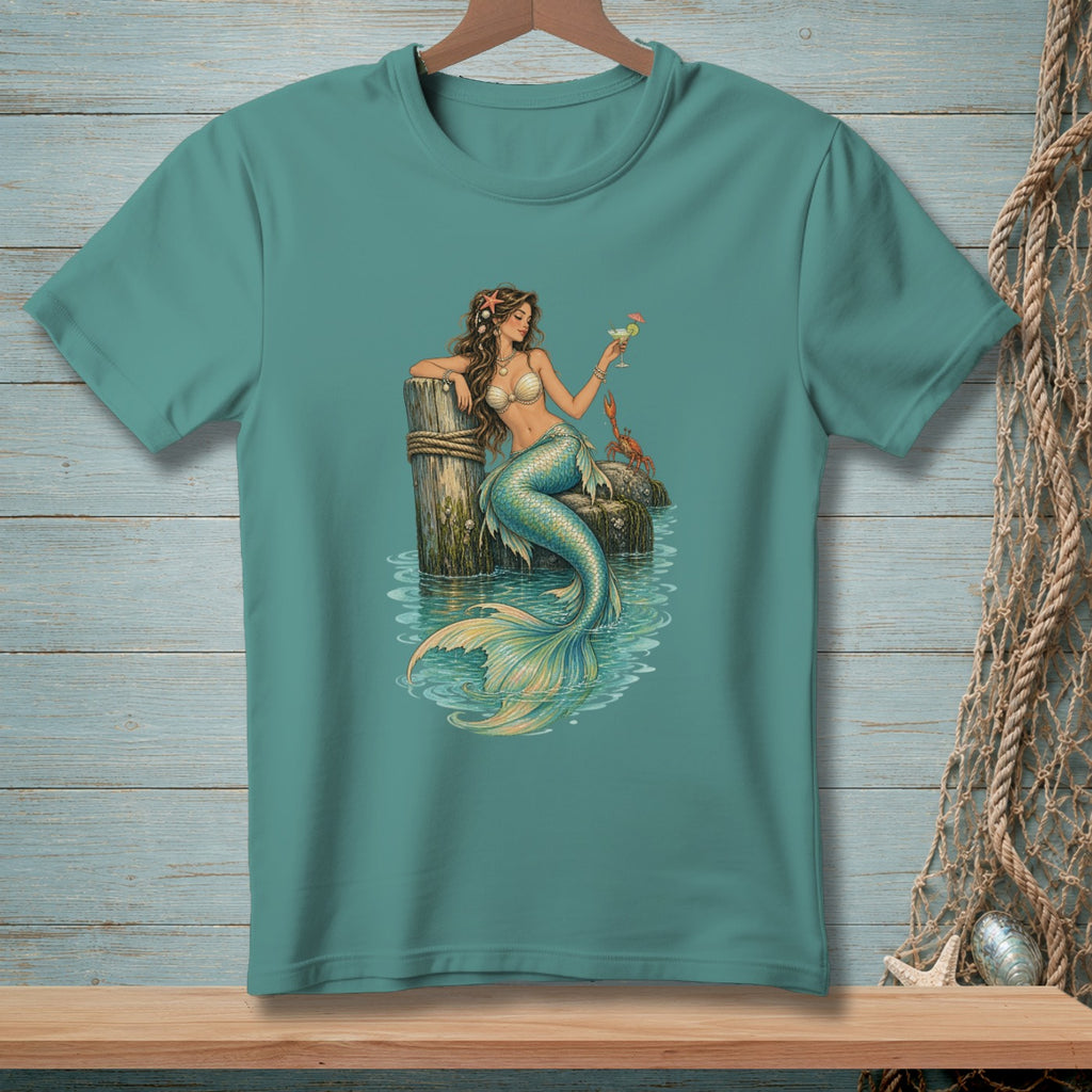 Mermaid with drink and crab sitting on a wooden post in water.
