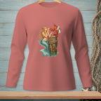Mermaid and lobster sharing drinks on a wooden post illustration on a salmon shirt.