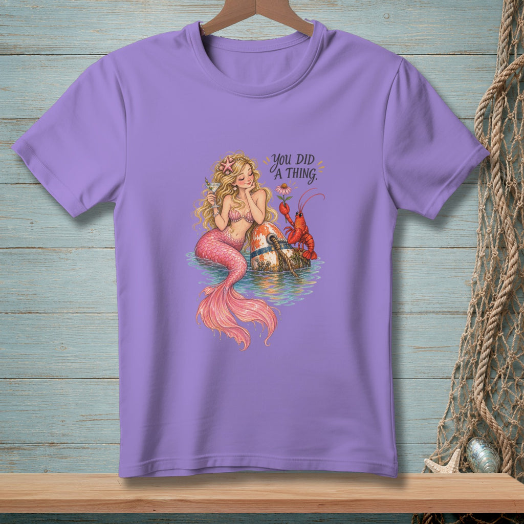 Mermaid holding a martini and a lobster beside a buoy with text "You Did A Thing."