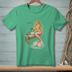 Mermaid with champagne bottle and crab on pier, says "Perfect".