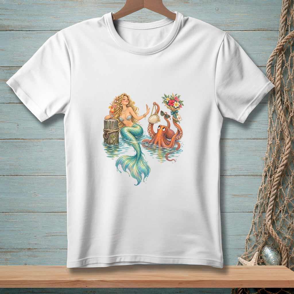 Mermaid and octopus enjoying drinks and flowers by the water on a white t-shirt.