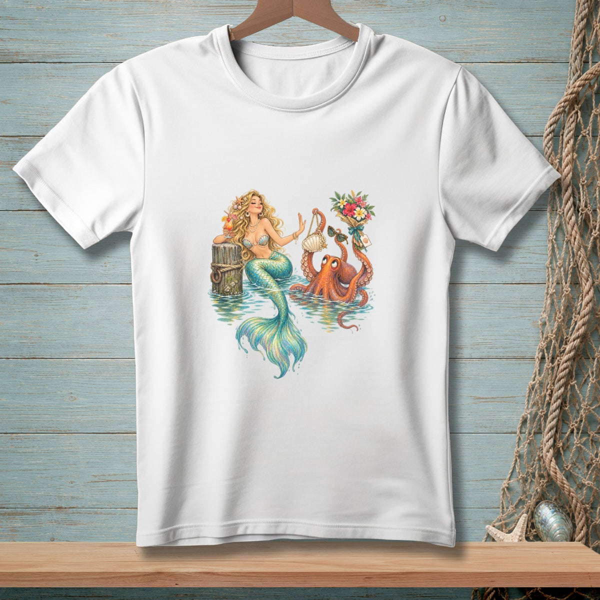 Mermaid and octopus enjoying drinks and flowers by the water on a white t-shirt.