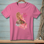 Pink t-shirt with a mermaid graphic and "Messy Hair Mermaid Rules." text.